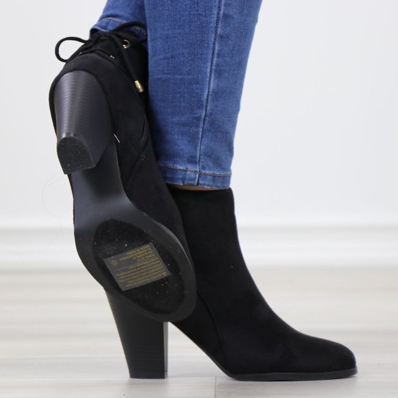 Black Pointed Toe Low Heel Ankle Boots Back Laces Booties Faux Suede - Picture 8 of 15